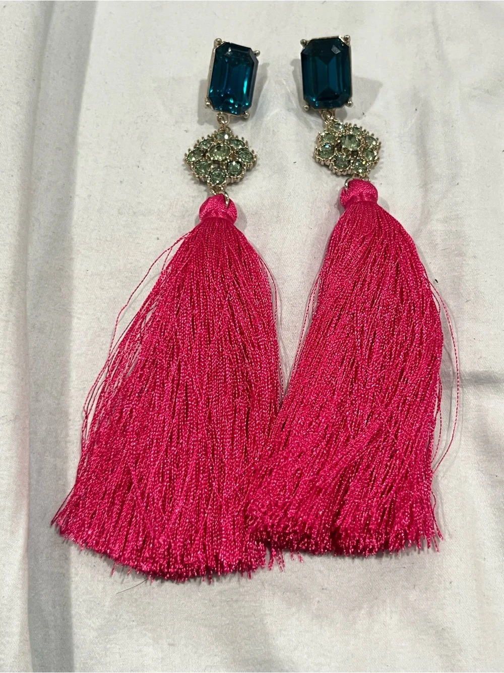 Bright Pink Tassel Drop Earrings with Teal Crystal Accents New Never Worn